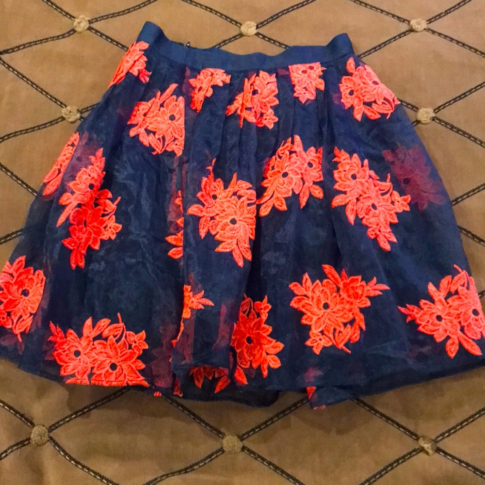 Maeve Navy A-Line Skirt with Bright Coral Floral Embroidery